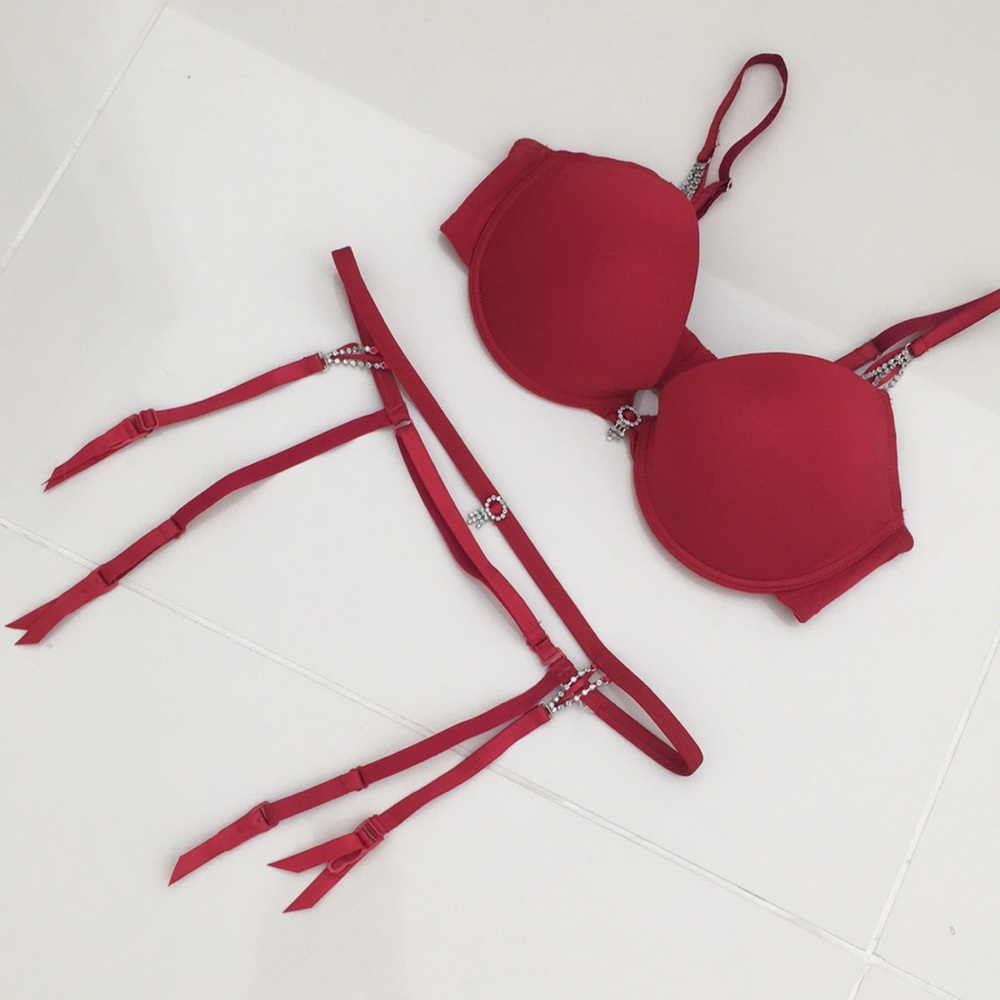 Red diamond accent bra and garter belt